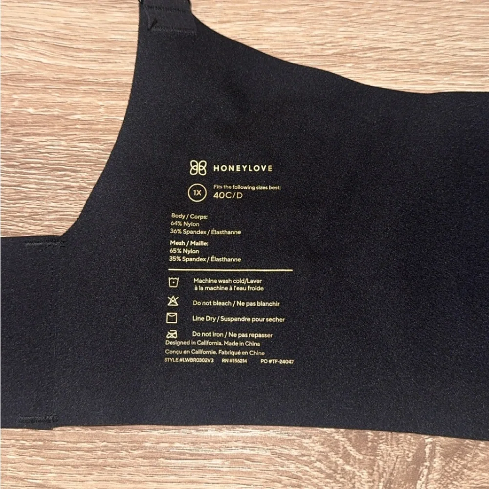 Honeylove CrossOver Wireless Black Bra Size 1X‎ 40C/D